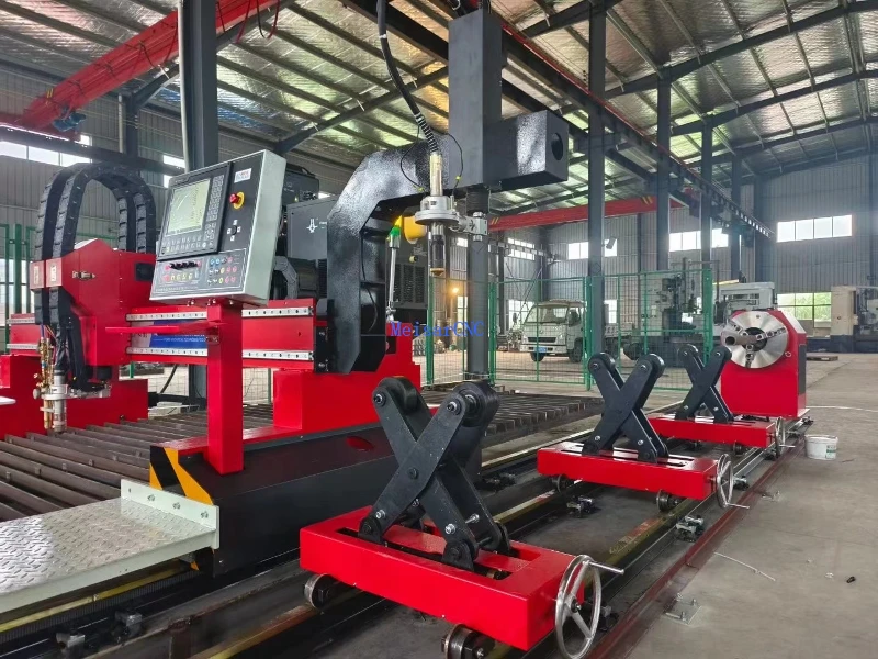  Gantry CNC machine with Plasma Pipe Cutting Unit Parameter Outlook Plasma pipe cutting unit with Gantry CNC plasma oxy fuel cutter MS-G Beam Width (m) 3-3.5 Rail Length (m) 6(can be lengthened) Effective Cutting Width (m) 2.2(2.4 for single torch) Effective Cutting Length (m) 4.5 Pipe diameter 30-300mm, 60-600mm Cutting Mode Flame and/or Plasma Cutting Material Carbon steel, Stainless Alloy steel, Aluminium, Zinc etc Flame Cutting Thickness 5-200mm Plasma Cutting Thickness Depending on the plasma generator Cutting Speed 0-6500mm per minute Optional item Extra plasma/flame cutting head Japan Panasonic servo NC Plasma generator Gantry CNC machine with Plasma Pipe Cutting Unit Parameter Outlook Plasma pipe cutting unit with Gantry CNC plasma oxy fuel cutter MS-G Beam Width (m) 3-3.5 Rail Length (m) 6(can be lengthened) Effective Cutting Width (m) 2.2(2.4 for single torch) Effective Cutting Length (m) 4.5 Pipe diameter 30-300mm, 60-600mm Cutting Mode Flame and/or Plasma Cutting Material Carbon steel, Stainless Alloy steel, Aluminium, Zinc etc Flame Cutting Thickness 5-200mm Plasma Cutting Thickness Depending on the plasma generator Cutting Speed 0-6500mm per minute Optional item Extra plasma/flame cutting head Japan Panasonic servo NC Plasma generator 